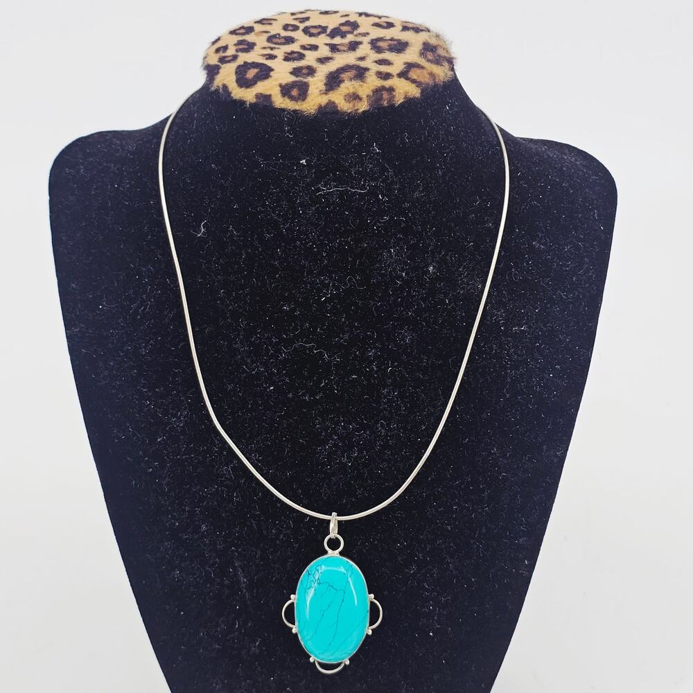 Turquoise Oval Pendant Choker Necklace 925 Silver Made in Italy Western Boho 16"